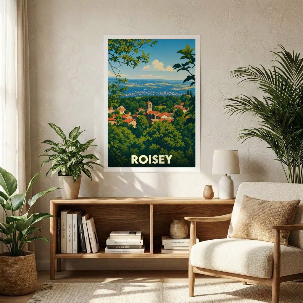Affiche souvenir de la ville de Roisey présentant une illustration stylisée et colorée de ses paysages.