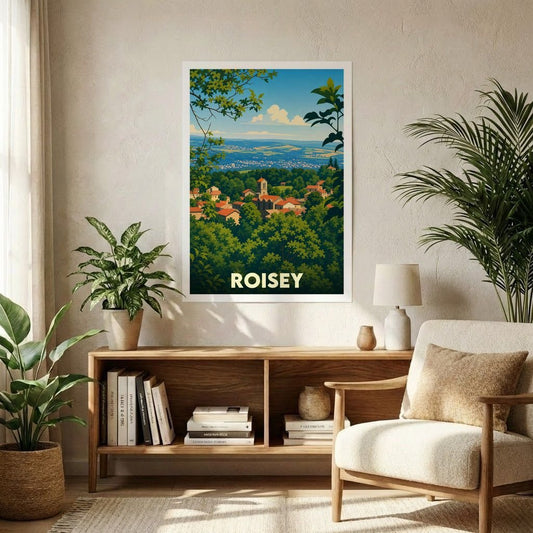 Affiche souvenir de la ville de Roisey présentant une illustration stylisée et colorée de ses paysages.