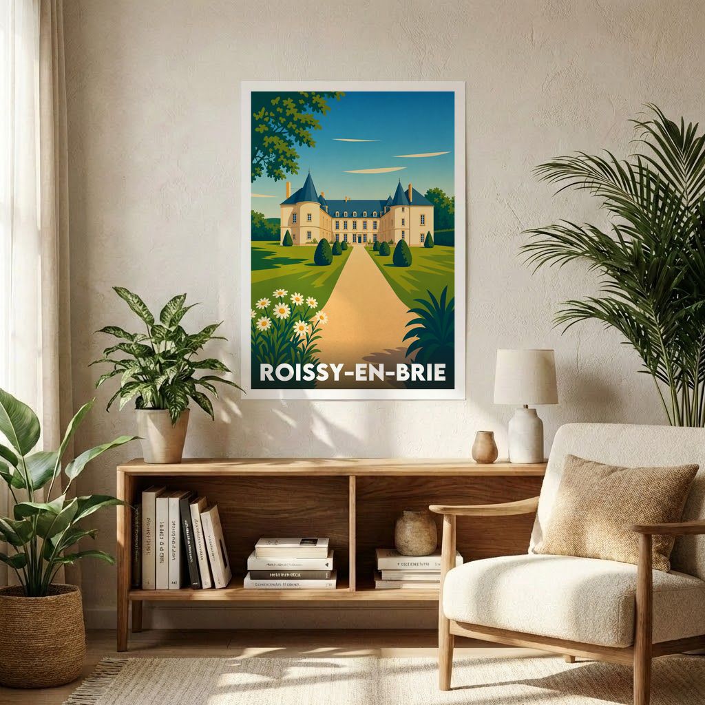 Affiche souvenir de la ville de Roissy-en-Brie avec une illustration stylisée.