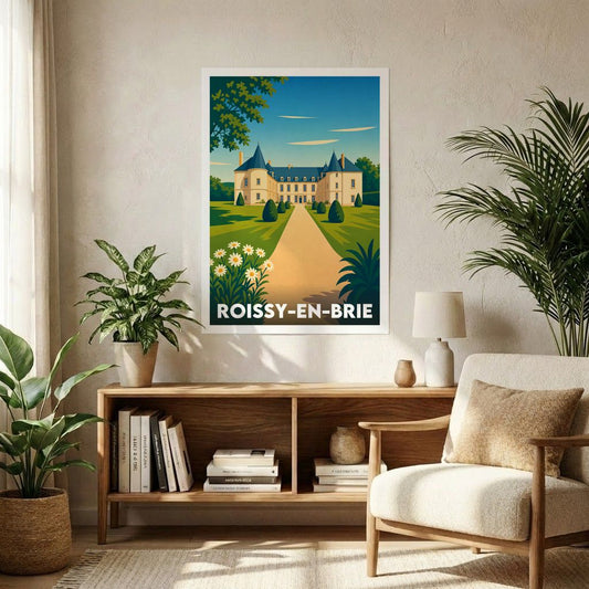 Affiche souvenir de la ville de Roissy-en-Brie avec une illustration stylisée.