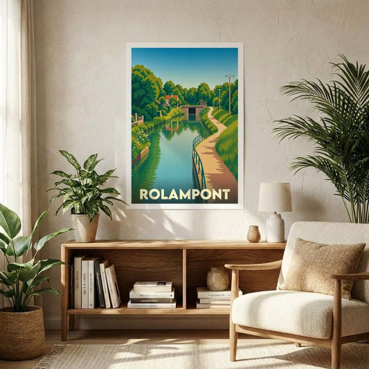 Affiche souvenir de la ville de Rolampont représentant une illustration stylisée d'un canal verdoyant.