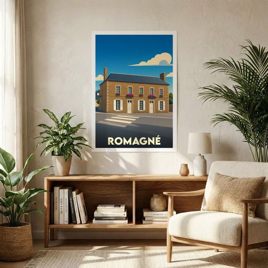 Affiche souvenir de la ville de Romagné avec une illustration stylisée d'un bâtiment traditionnel.