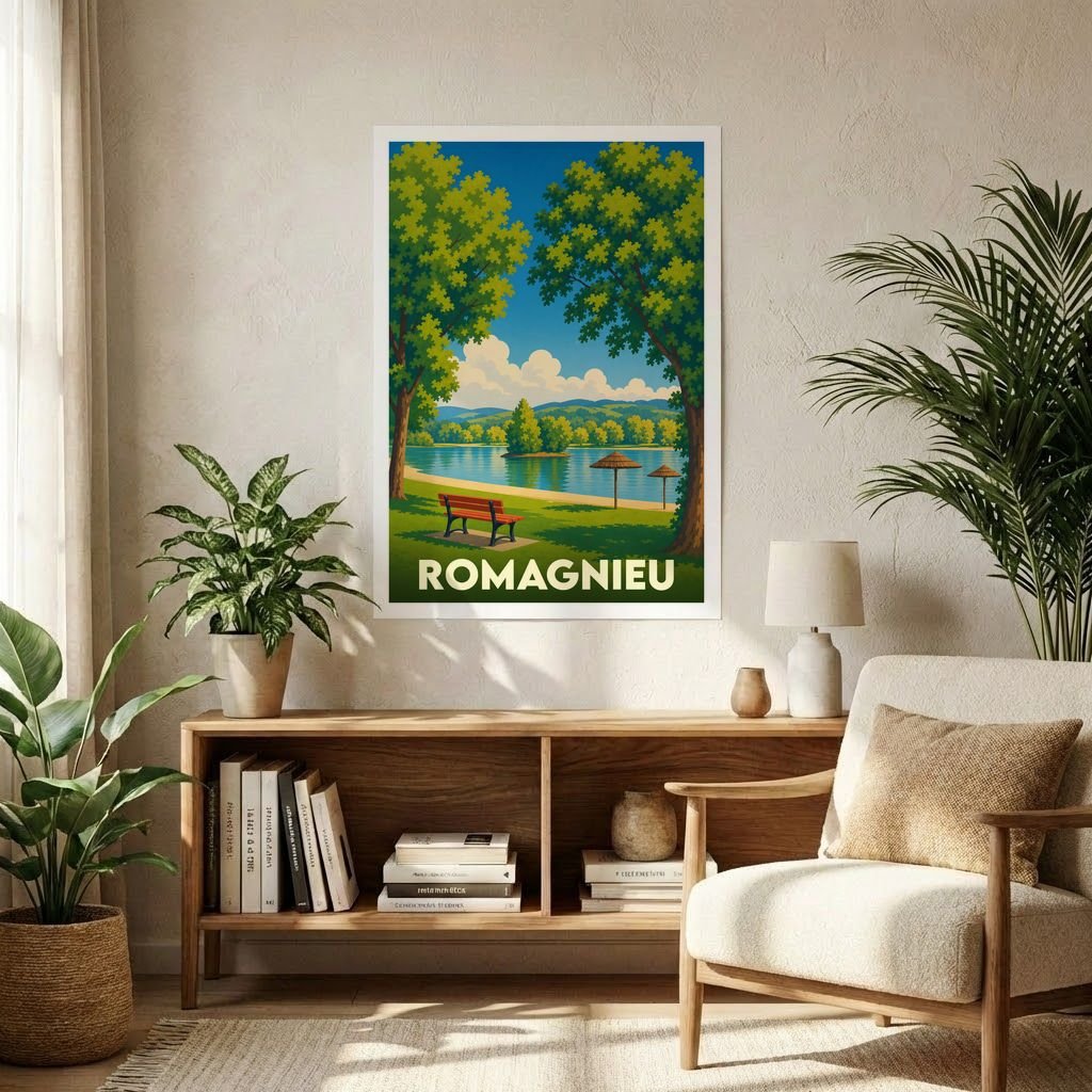 Affiche souvenir de la ville de Romagnieu représentant un lac paisible avec une illustration de style vintage.