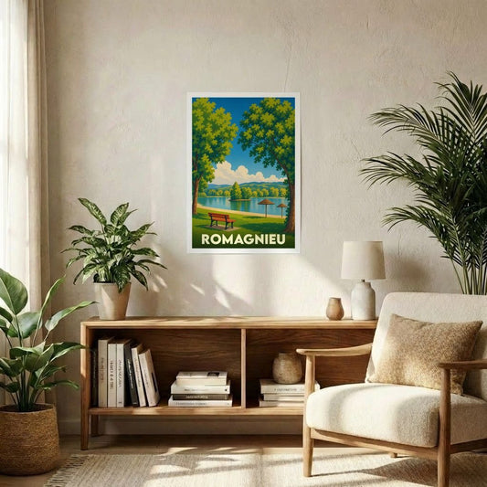 Affiche souvenir de la ville de Romagnieu avec une illustration stylisée d'un lac bordé de verdure.
