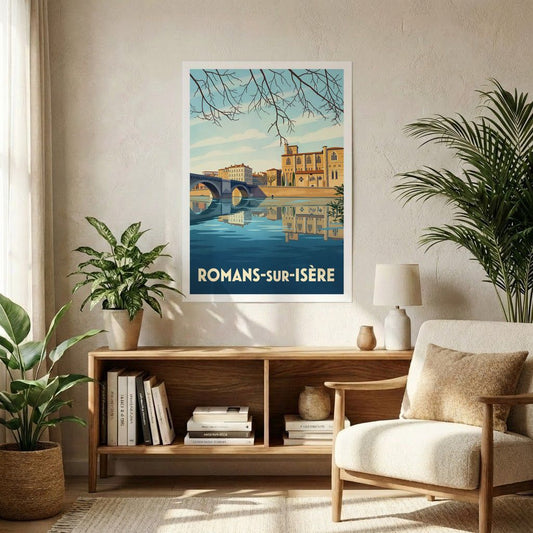 Affiche souvenir de la ville de Romans-sur-Isère avec une illustration stylisée d'un paysage urbain au bord de l'eau.