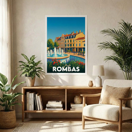 Affiche souvenir de la ville de Rombas avec une illustration stylisée d'une fontaine et de bâtiments colorés.