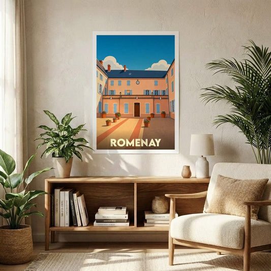 Affiche souvenir de la ville de Romenay illustrant sa place centrale dans un style vintage épuré.