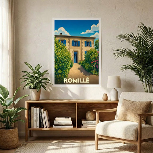 Affiche souvenir de la ville de Romillé avec une illustration stylisée d'une maison aux volets bleus dans un cadre verdoyant.
