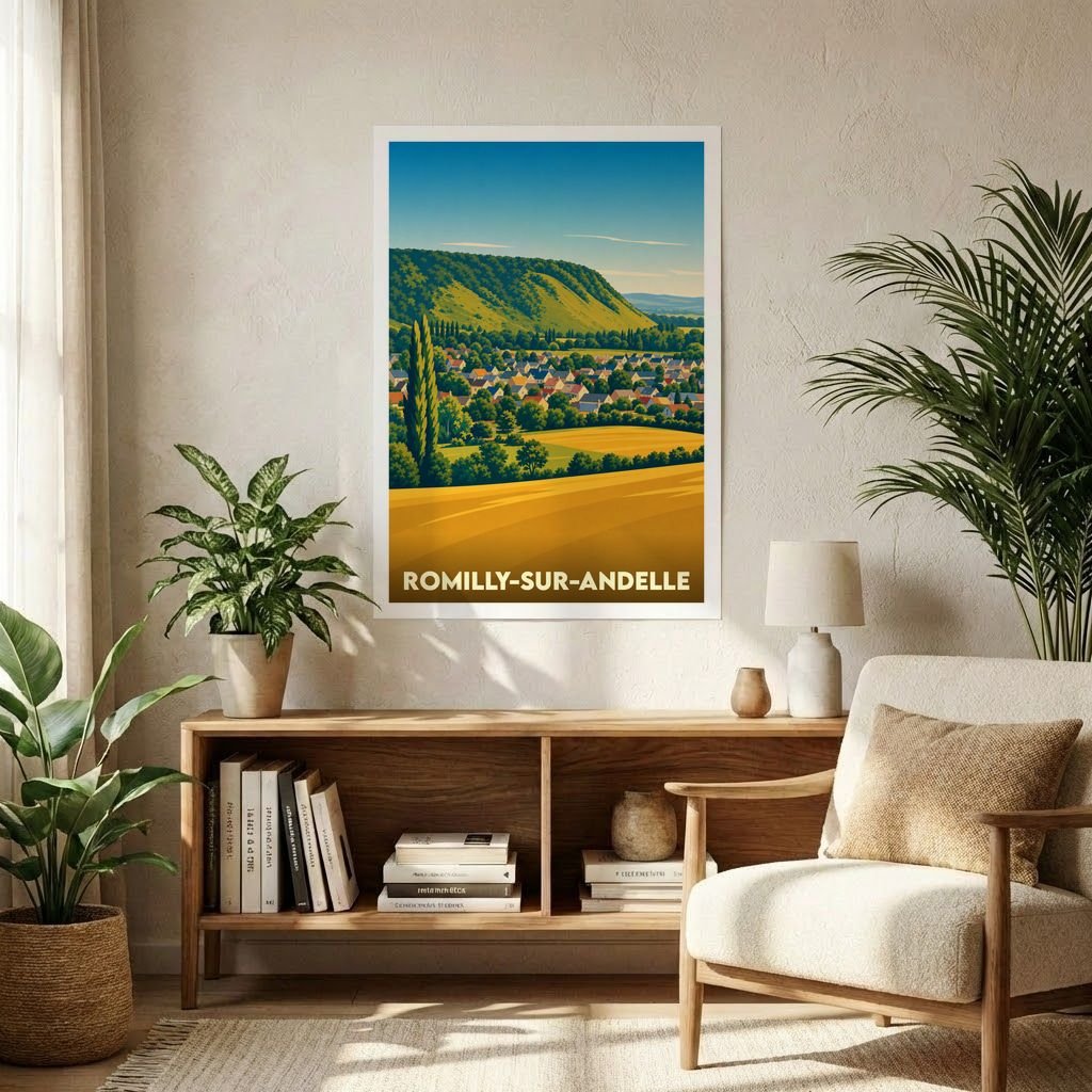Affiche souvenir de la ville de Romilly-sur-Andelle avec une illustration paysagère stylisée.