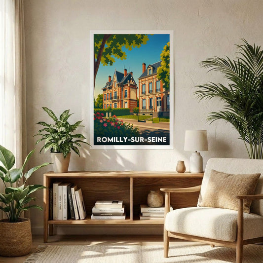 Affiche souvenir de la ville de Romilly-sur-Seine avec une illustration stylisée et colorée de son architecture locale.