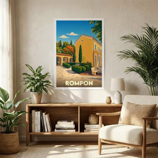 Affiche souvenir de la ville de Rompon illustrant un bâtiment jaune ensoleillé dans un style vintage.