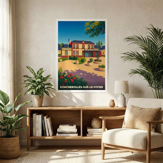 Affiche souvenir de la ville de Roncherolles-sur-le-Vivier avec une illustration stylisée de sa mairie.