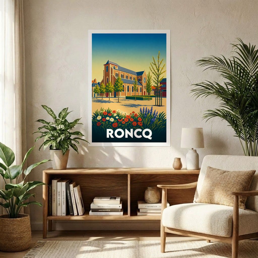 Affiche souvenir de la ville de Roncq représentant une église et un jardin fleuri dans un style rétro.