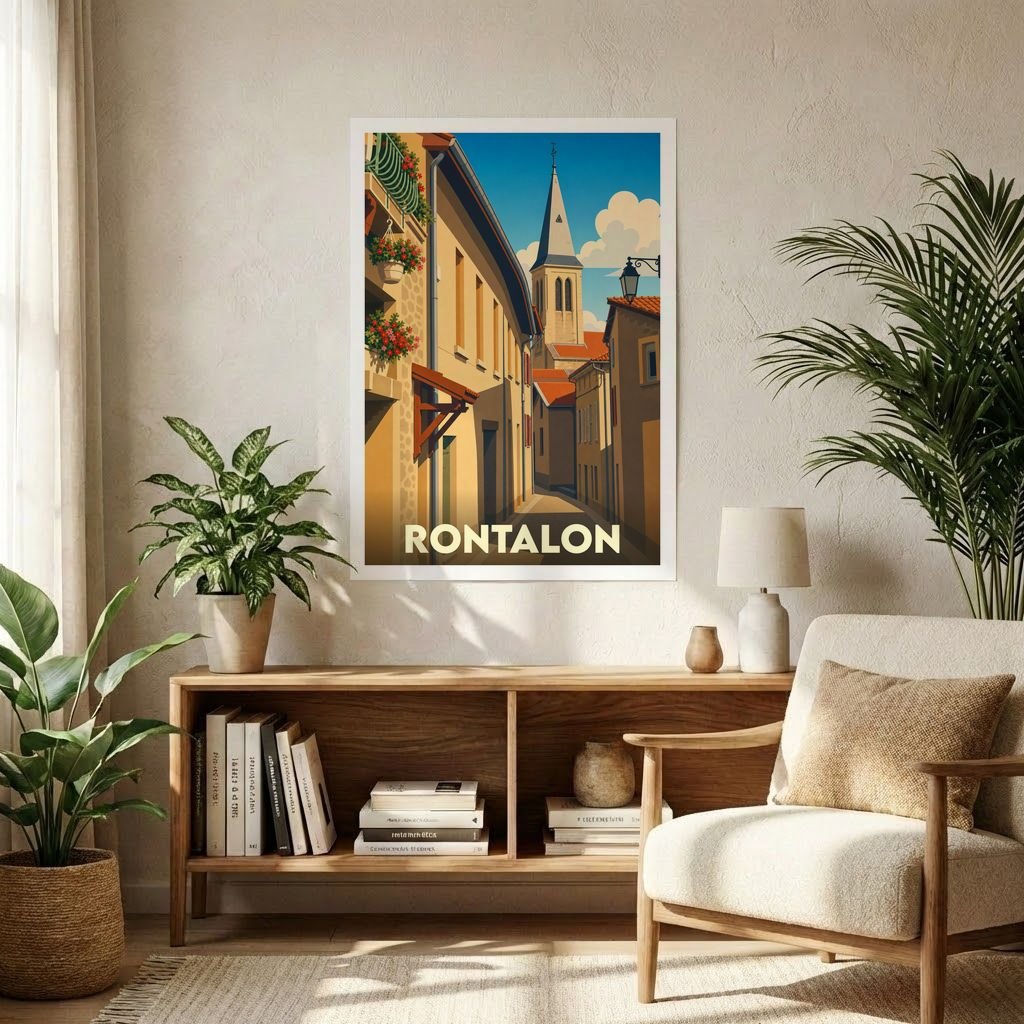 Affiche souvenir de la ville de Rontalon avec une illustration stylisée d'une ruelle ensoleillée menant au clocher.