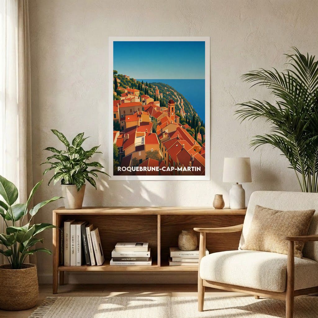 Affiche décorative de la ville de Roquebrune-Cap-Martin représentant une illustration colorée et stylisée de ses toits en terre cuite face à la mer Méditerranée.