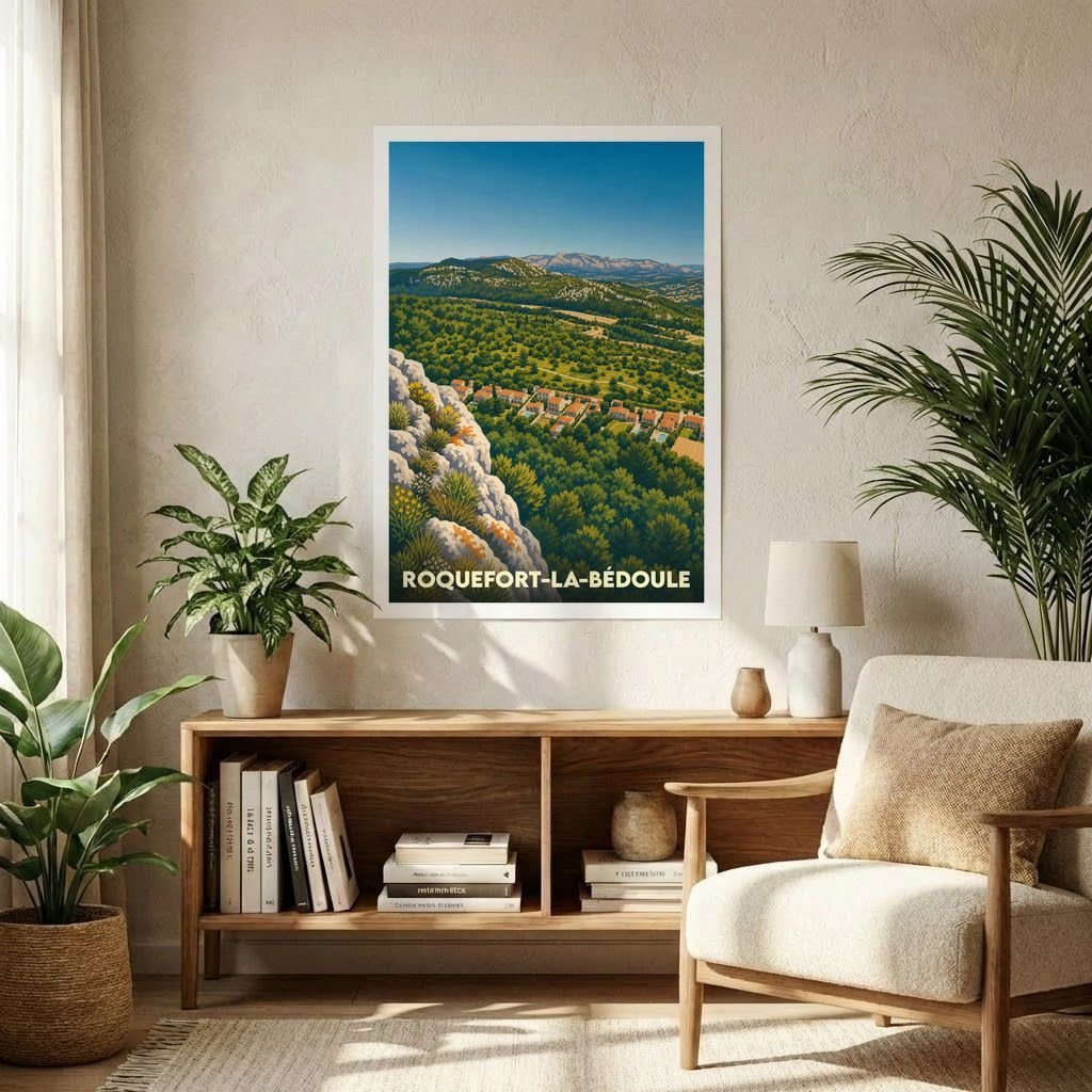 Affiche souvenir de la ville de Roquefort-la-Bédoule avec une illustration stylisée d'un paysage provençal.