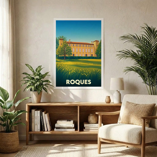 Affiche souvenir de la ville de Roques présentant une illustration stylisée d'un château sous un ciel azur.