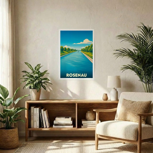Affiche souvenir de la ville de Rosenau représentant une illustration stylisée d'un canal bordé de verdure.