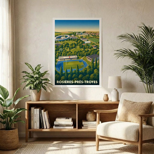 Affiche souvenir de la ville de Rosières-près-Troyes avec une illustration stylisée vue du ciel.
