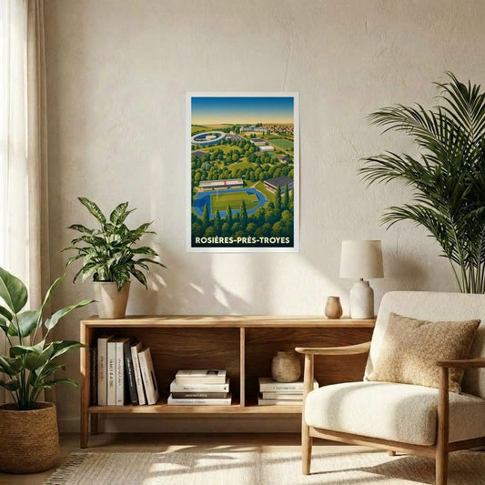 Affiche souvenir de la ville de Rosières-près-Troyes représentant une vue aérienne stylisée de ses infrastructures sportives et paysagères.