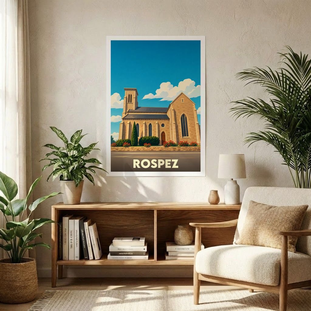 Affiche souvenir de la ville de Rospez avec une illustration stylisée de son église sous un ciel bleu.