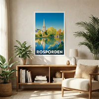 Affiche souvenir de la ville de Rosporden avec une illustration stylisée et colorée de son église et de son étang.