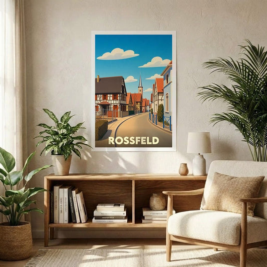 Affiche souvenir de la ville de Rossfeld avec une illustration stylisée d'une rue bordée de maisons à colombages.