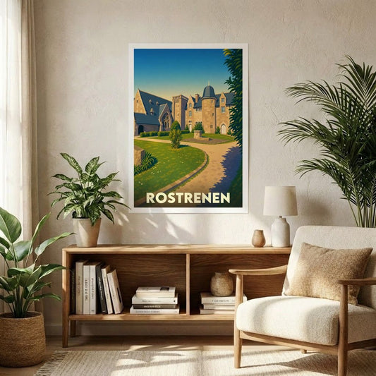 Affiche souvenir de la ville de Rostrenen illustrant son château et ses jardins dans un style rétro.