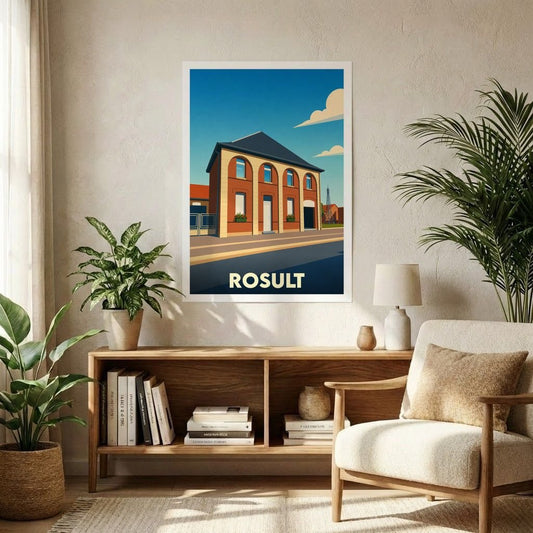 Affiche souvenir de la ville de Rosult représentant un bâtiment local dans un style graphique épuré.