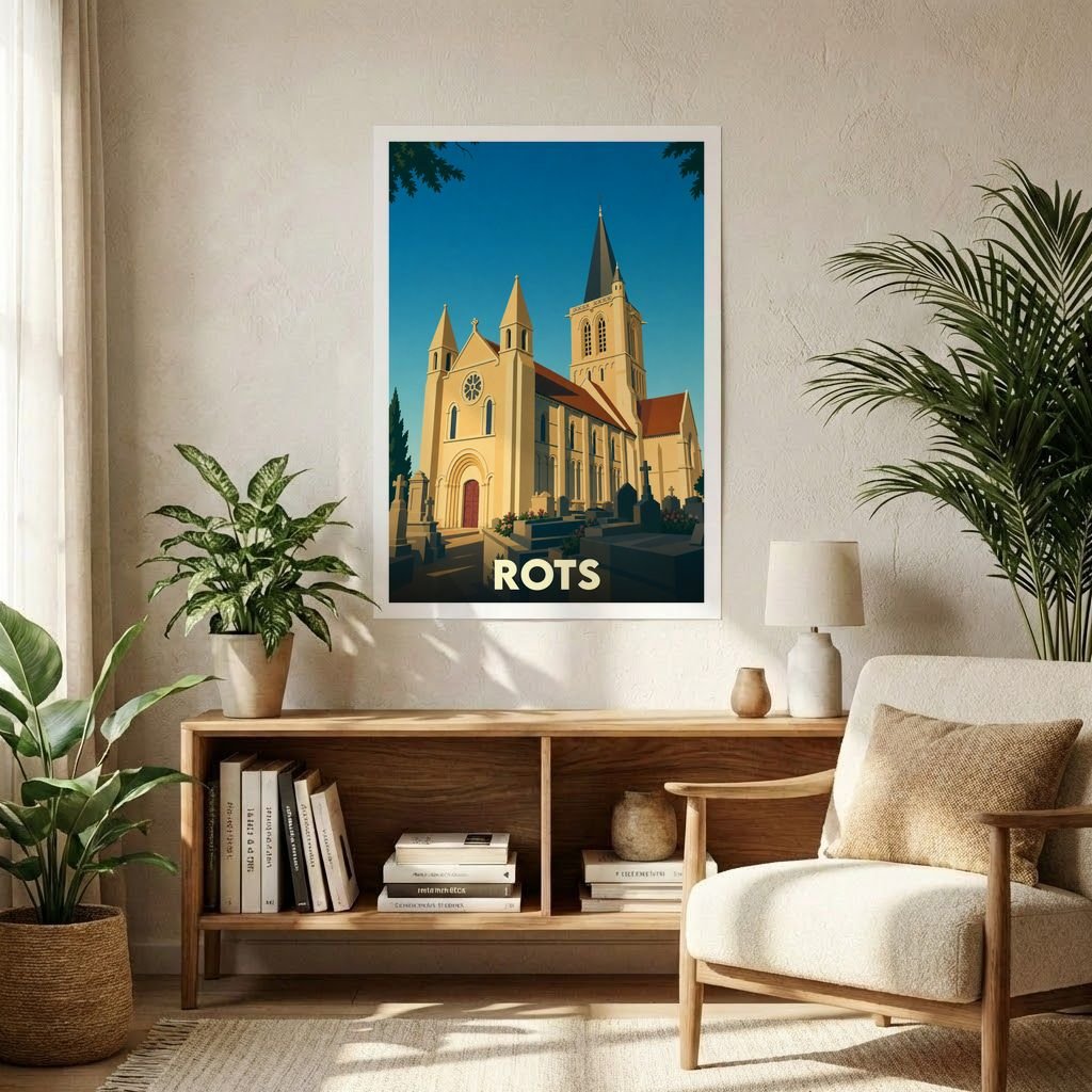 Affiche souvenir de la ville de Rots représentant son église dans un style graphique épuré.