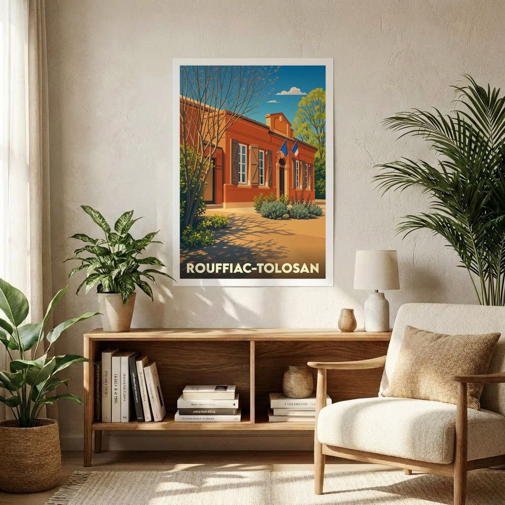 Affiche souvenir de la ville de Rouffiac-Tolosan présentant une illustration stylisée de sa mairie sous un ciel ensoleillé.