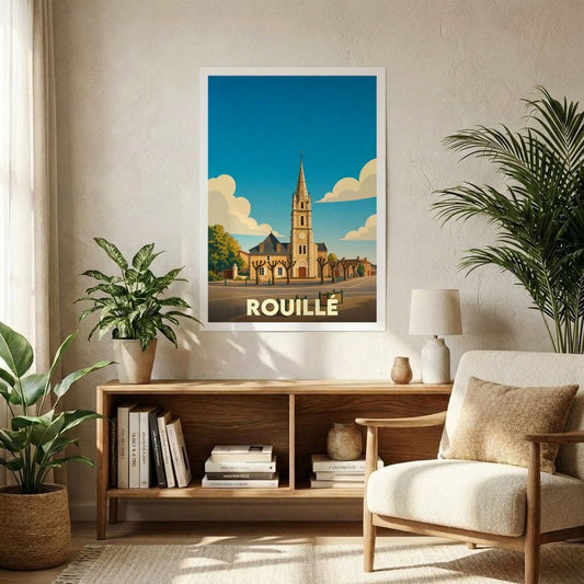 Affiche souvenir de la ville de Rouillé avec une illustration stylisée d'une église sous un ciel bleu.