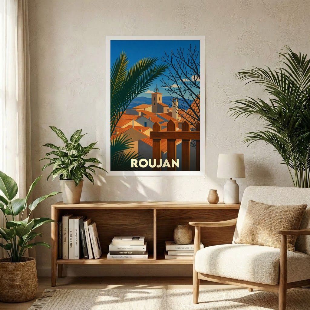 Affiche souvenir de la ville de Roujan avec une illustration stylisée d'un paysage urbain méditerranéen.