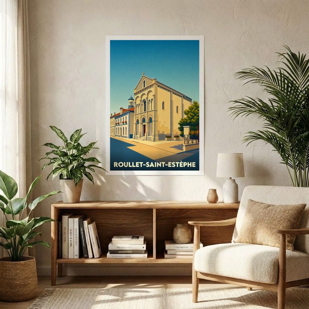 Affiche souvenir de la ville de Roullet-Saint-Estèphe avec une illustration stylisée de son église romane.