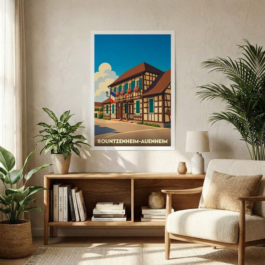 Affiche souvenir de la ville de Rountzenheim-Auenheim avec une illustration stylisée d'une maison alsacienne traditionnelle.