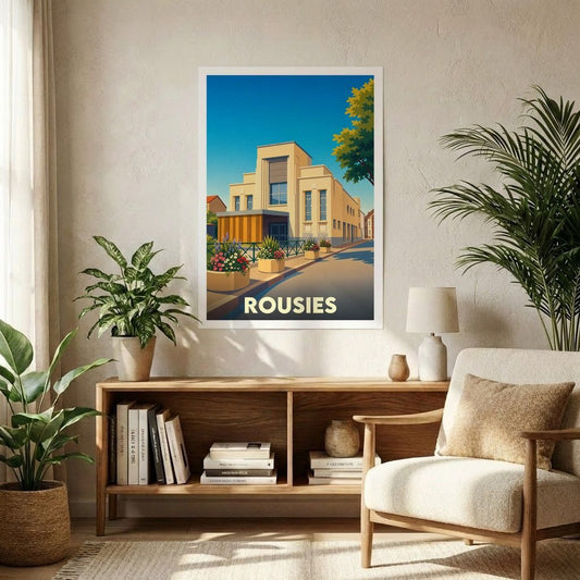 Affiche souvenir de la ville de Rousies représentant son architecture art déco dans un style graphique épuré.