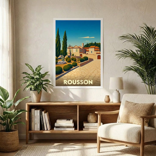 Affiche souvenir de la ville de Rousson avec une illustration stylisée d'un paysage provençal.
