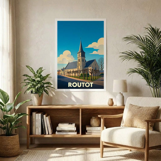 Affiche souvenir de la ville de Routot avec une illustration stylisée de son église et de ses environs.