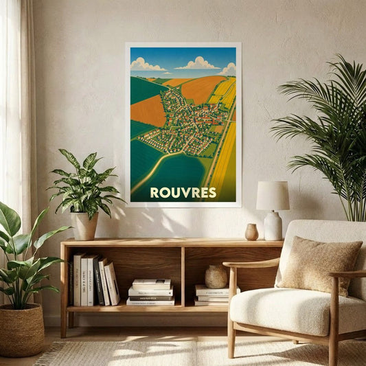 Affiche souvenir de la ville de Rouvres avec une illustration stylisée vue du ciel de la commune et de ses champs.