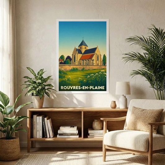 Affiche souvenir de la ville de Rouvres-en-Plaine avec une illustration stylisée de son église et de ses paysages.