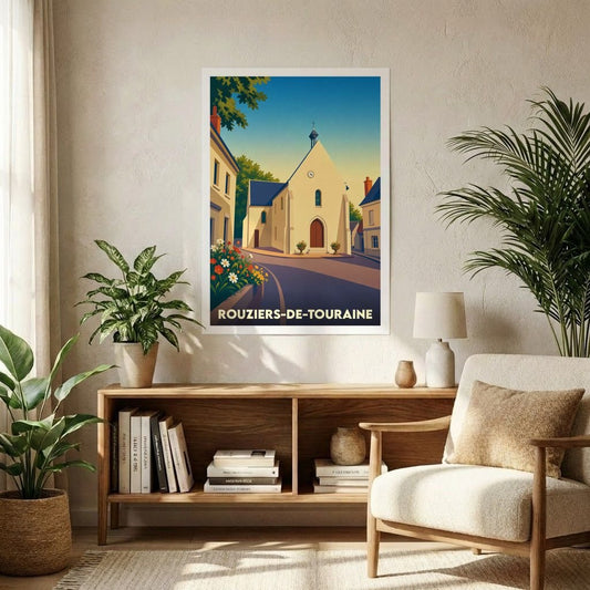 Affiche souvenir de la ville de Rouziers-de-Touraine avec une illustration stylisée d'une église sous un ciel de fin de journée.