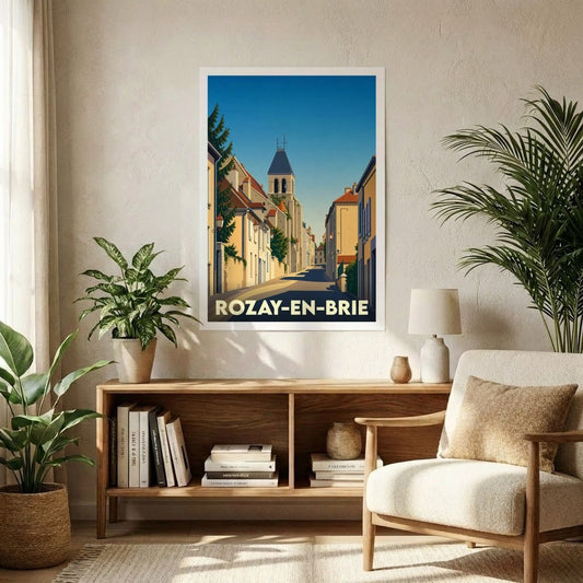 Affiche souvenir de la ville de Rozay-en-Brie avec une illustration stylisée de ses rues et de son église.