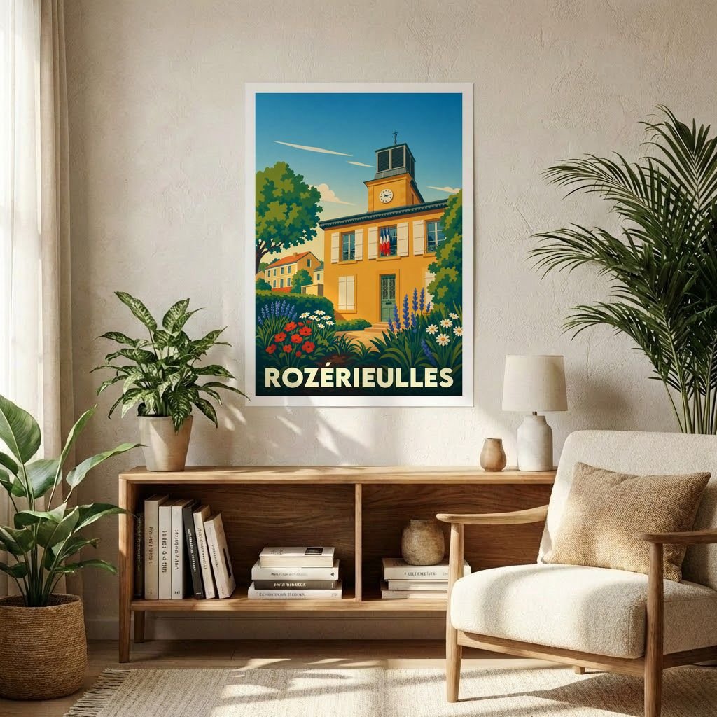 Affiche souvenir de la ville de Rozérieulles avec une illustration stylisée et colorée de son patrimoine.