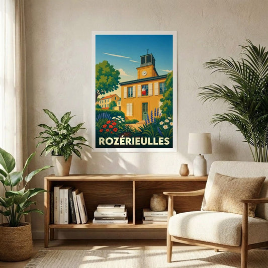 Affiche souvenir de la ville de Rozérieulles avec une illustration stylisée et colorée de son patrimoine.