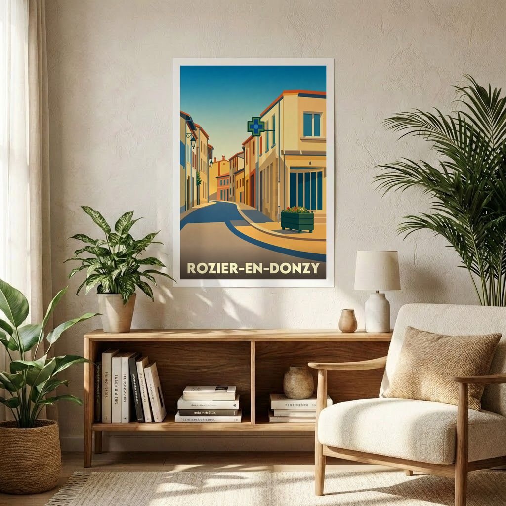 Affiche souvenir de la ville de Rozier-en-Donzy avec une illustration stylisée d'une rue ensoleillée.