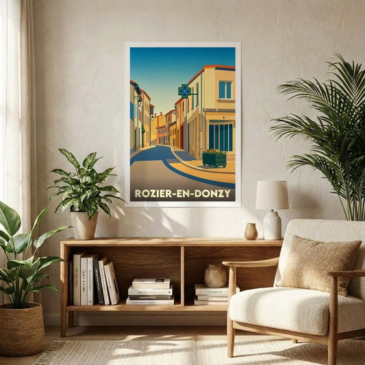 Affiche souvenir de la ville de Rozier-en-Donzy avec une illustration stylisée d'une rue ensoleillée.