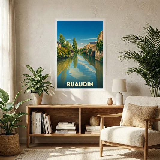 Affiche souvenir de la ville de Ruaudin représentant un canal paisible avec une illustration stylisée.