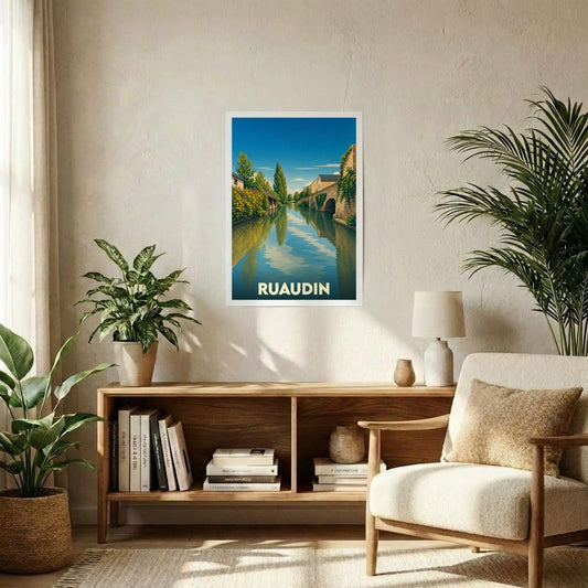 Affiche souvenir de la ville de Ruaudin avec une illustration stylisée d'un canal bordé de maisons et de végétation.