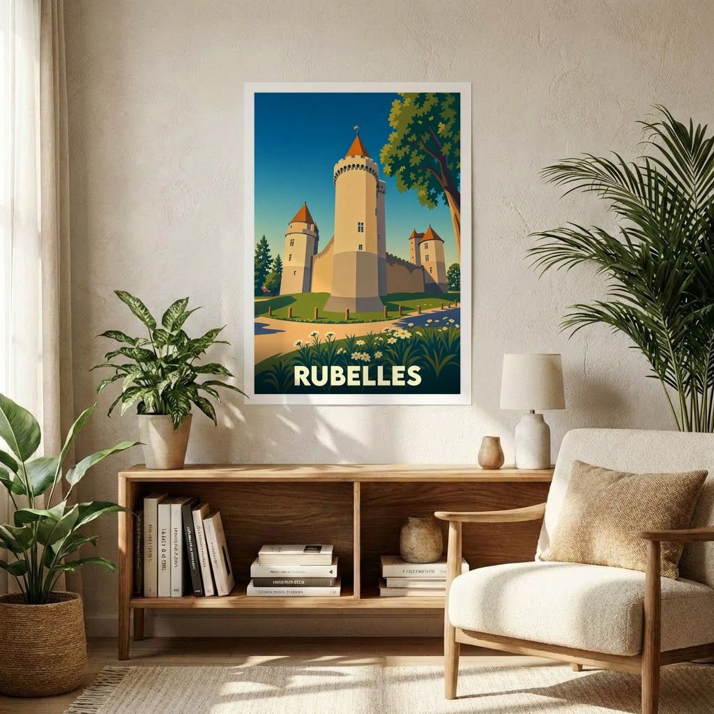 Affiche souvenir de la ville de Rubelles avec une illustration stylisée d'un château.
