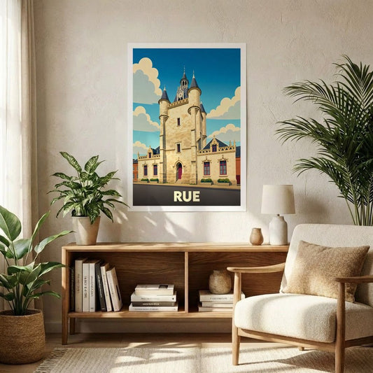 Affiche souvenir de la ville de Rue présentant une illustration stylisée de son beffroi historique.